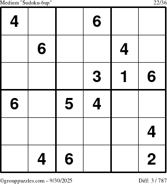 The grouppuzzles.com Medium Sudoku-6up puzzle for Tuesday September 30, 2025