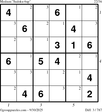 The grouppuzzles.com Medium Sudoku-6up puzzle for Tuesday September 30, 2025 with all 3 steps marked