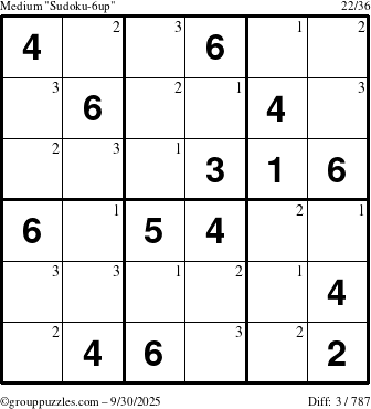 The grouppuzzles.com Medium Sudoku-6up puzzle for Tuesday September 30, 2025 with the first 3 steps marked