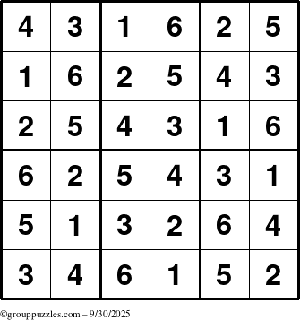 The grouppuzzles.com Answer grid for the Sudoku-6up puzzle for Tuesday September 30, 2025