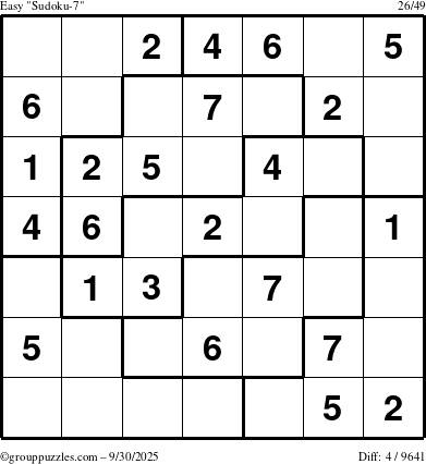 The grouppuzzles.com Easy Sudoku-7 puzzle for Tuesday September 30, 2025