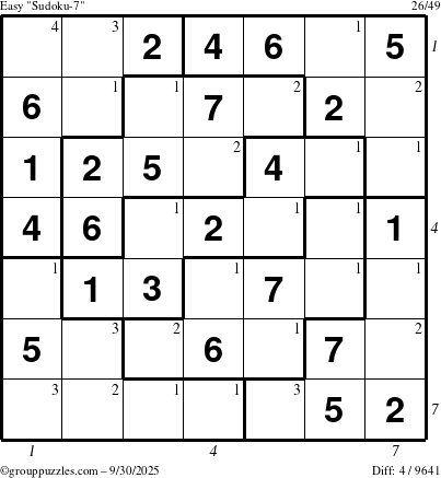 The grouppuzzles.com Easy Sudoku-7 puzzle for Tuesday September 30, 2025 with all 4 steps marked