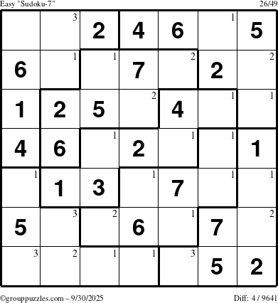 The grouppuzzles.com Easy Sudoku-7 puzzle for Tuesday September 30, 2025 with the first 3 steps marked