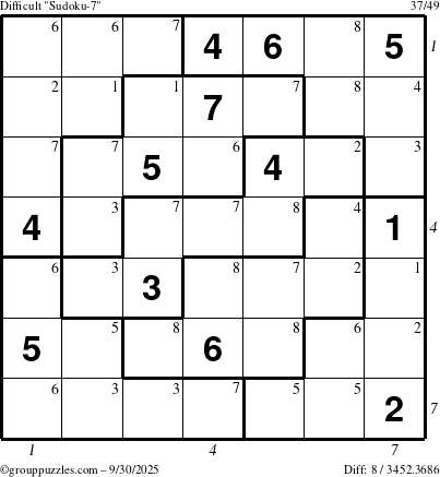 The grouppuzzles.com Difficult Sudoku-7 puzzle for Tuesday September 30, 2025 with all 8 steps marked