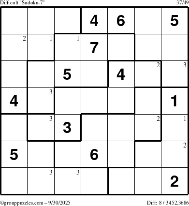 The grouppuzzles.com Difficult Sudoku-7 puzzle for Tuesday September 30, 2025 with the first 3 steps marked