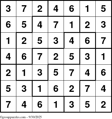 The grouppuzzles.com Answer grid for the Sudoku-7 puzzle for Tuesday September 30, 2025
