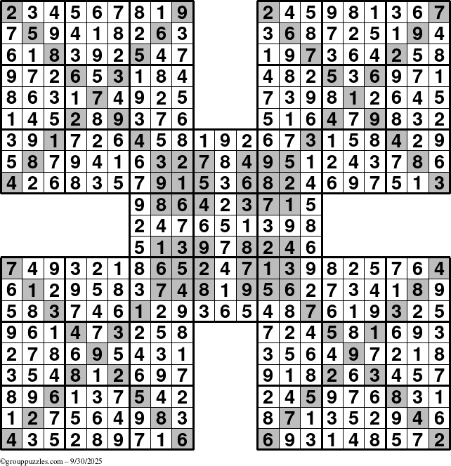 The grouppuzzles.com Answer grid for the HyperSudoku-Xtreme puzzle for Tuesday September 30, 2025