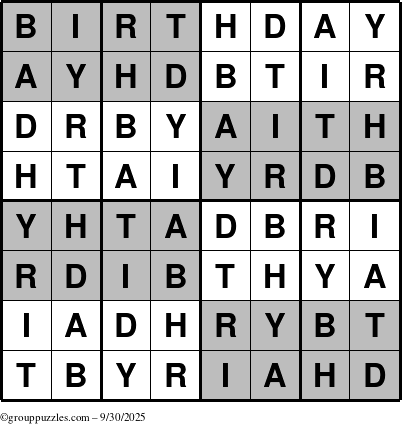 The grouppuzzles.com Answer grid for the Super-Birthday puzzle for Tuesday September 30, 2025