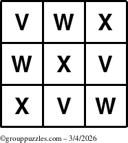 The grouppuzzles.com Answer grid for the TicTac-VWX puzzle for Wednesday March 4, 2026