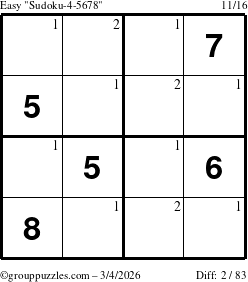 The grouppuzzles.com Easy Sudoku-4-5678 puzzle for Wednesday March 4, 2026 with the first 2 steps marked