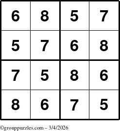 The grouppuzzles.com Answer grid for the Sudoku-4-5678 puzzle for Wednesday March 4, 2026