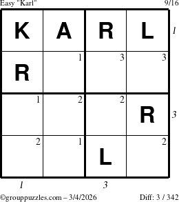The grouppuzzles.com Easy Karl puzzle for Wednesday March 4, 2026, suitable for printing, with all 3 steps marked
