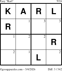 The grouppuzzles.com Easy Karl puzzle for Wednesday March 4, 2026 with the first 3 steps marked