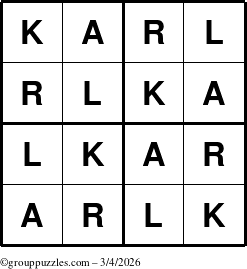 The grouppuzzles.com Answer grid for the Karl puzzle for Wednesday March 4, 2026