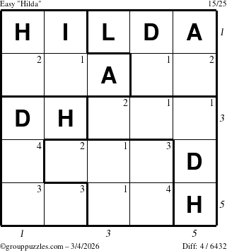 The grouppuzzles.com Easy Hilda puzzle for Wednesday March 4, 2026 with all 4 steps marked