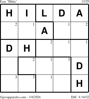 The grouppuzzles.com Easy Hilda puzzle for Wednesday March 4, 2026 with the first 3 steps marked