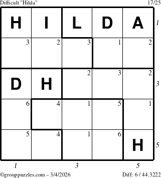 The grouppuzzles.com Difficult Hilda puzzle for Wednesday March 4, 2026 with all 6 steps marked