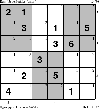 The grouppuzzles.com Easy SuperSudoku-Junior puzzle for Wednesday March 4, 2026 with all 3 steps marked