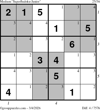 The grouppuzzles.com Medium SuperSudoku-Junior puzzle for Wednesday March 4, 2026 with all 4 steps marked