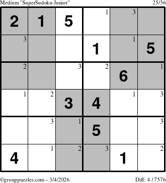The grouppuzzles.com Medium SuperSudoku-Junior puzzle for Wednesday March 4, 2026 with the first 3 steps marked