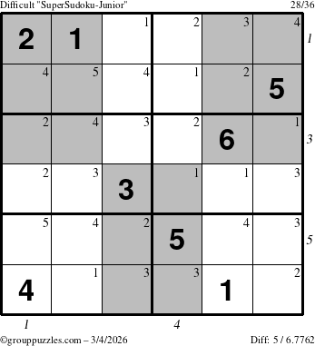 The grouppuzzles.com Difficult SuperSudoku-Junior puzzle for Wednesday March 4, 2026, suitable for printing, with all 5 steps marked