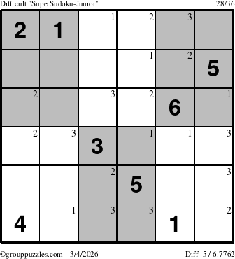 The grouppuzzles.com Difficult SuperSudoku-Junior puzzle for Wednesday March 4, 2026 with the first 3 steps marked
