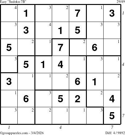 The grouppuzzles.com Easy Sudoku-7B puzzle for Wednesday March 4, 2026, suitable for printing, with all 4 steps marked