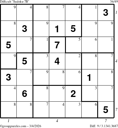 The grouppuzzles.com Difficult Sudoku-7B puzzle for Wednesday March 4, 2026, suitable for printing, with all 9 steps marked