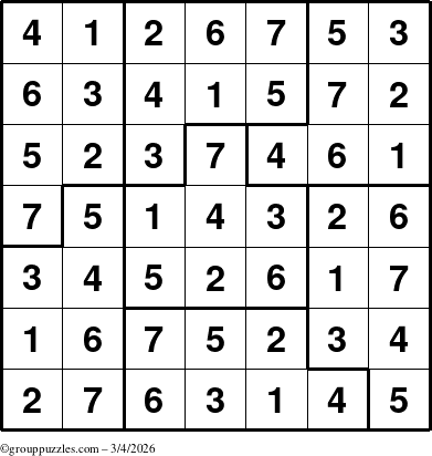 The grouppuzzles.com Answer grid for the Sudoku-7B puzzle for Wednesday March 4, 2026