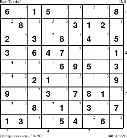 The grouppuzzles.com Easy Sudoku puzzle for Wednesday March 4, 2026 with all 4 steps marked