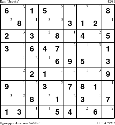 The grouppuzzles.com Easy Sudoku puzzle for Wednesday March 4, 2026 with the first 3 steps marked