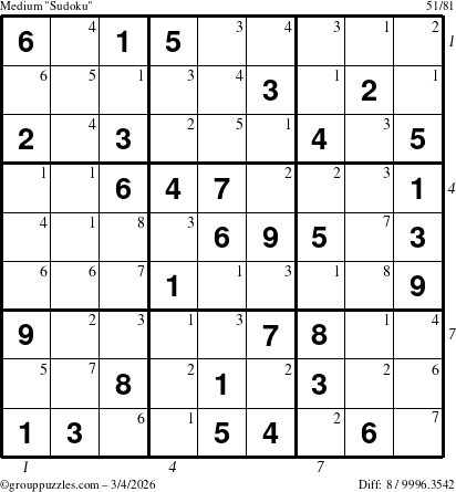 The grouppuzzles.com Medium Sudoku puzzle for Wednesday March 4, 2026, suitable for printing, with all 8 steps marked