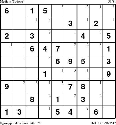 The grouppuzzles.com Medium Sudoku puzzle for Wednesday March 4, 2026 with the first 3 steps marked