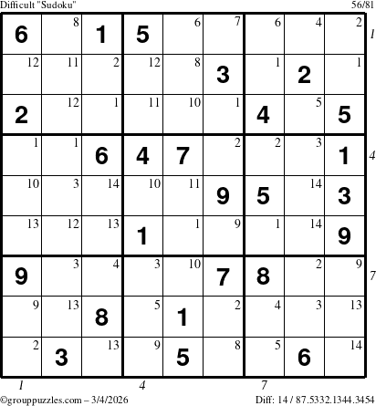 The grouppuzzles.com Difficult Sudoku puzzle for Wednesday March 4, 2026 with all 14 steps marked
