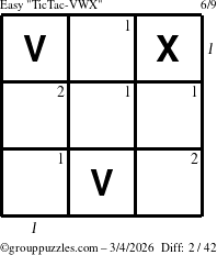 The grouppuzzles.com Easy TicTac-VWX puzzle for Wednesday March 4, 2026 with all 2 steps marked