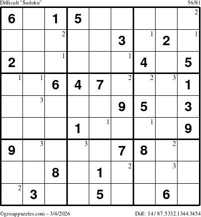 The grouppuzzles.com Difficult Sudoku puzzle for Wednesday March 4, 2026 with the first 3 steps marked