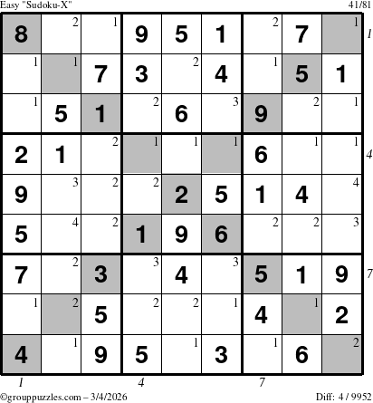 The grouppuzzles.com Easy Sudoku-X puzzle for Wednesday March 4, 2026, suitable for printing, with all 4 steps marked