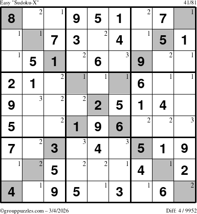 The grouppuzzles.com Easy Sudoku-X puzzle for Wednesday March 4, 2026 with the first 3 steps marked