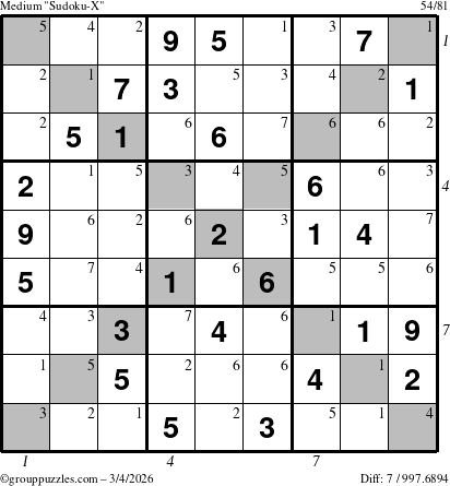 The grouppuzzles.com Medium Sudoku-X puzzle for Wednesday March 4, 2026 with all 7 steps marked