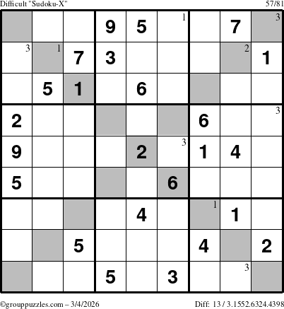 The grouppuzzles.com Difficult Sudoku-X puzzle for Wednesday March 4, 2026 with the first 3 steps marked