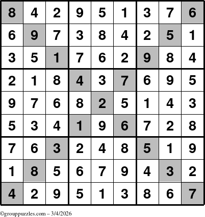 The grouppuzzles.com Answer grid for the Sudoku-X puzzle for Wednesday March 4, 2026