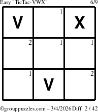 The grouppuzzles.com Easy TicTac-VWX puzzle for Wednesday March 4, 2026 with the first 2 steps marked