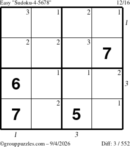 The grouppuzzles.com Easy Sudoku-4-5678 puzzle for Friday September 4, 2026, suitable for printing, with all 3 steps marked