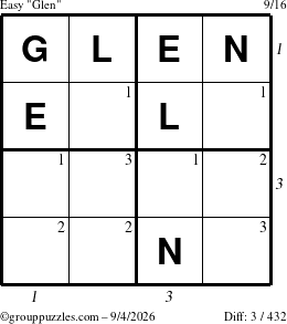 The grouppuzzles.com Easy Glen puzzle for Friday September 4, 2026 with all 3 steps marked