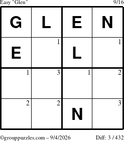 The grouppuzzles.com Easy Glen puzzle for Friday September 4, 2026 with the first 3 steps marked