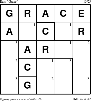 The grouppuzzles.com Easy Grace puzzle for Friday September 4, 2026 with the first 3 steps marked
