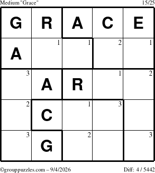 The grouppuzzles.com Medium Grace puzzle for Friday September 4, 2026 with the first 3 steps marked