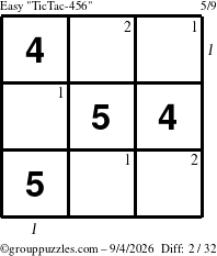 The grouppuzzles.com Easy TicTac-456 puzzle for Friday September 4, 2026, suitable for printing, with all 2 steps marked