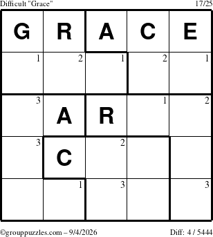 The grouppuzzles.com Difficult Grace puzzle for Friday September 4, 2026 with the first 3 steps marked