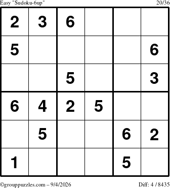 The grouppuzzles.com Easy Sudoku-6up puzzle for Friday September 4, 2026